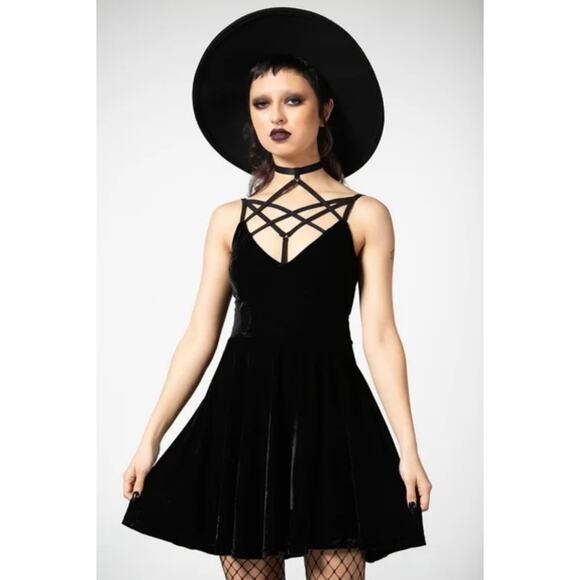 Killstar Dresses & Skirts - Killstar Magicka Black Velvet Skater Dress Size XXL Gothic Strappy Back Witchy